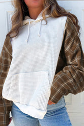 Waffle Knit Plaid Long Sleeve Kangaroo Pocket Hoodie OutfitFlow